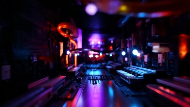Neon cables meander over the motherboard, and the chips glow purple and orange. Pulsating neon highlights the rhythm of data and the hidden life of the electronic world