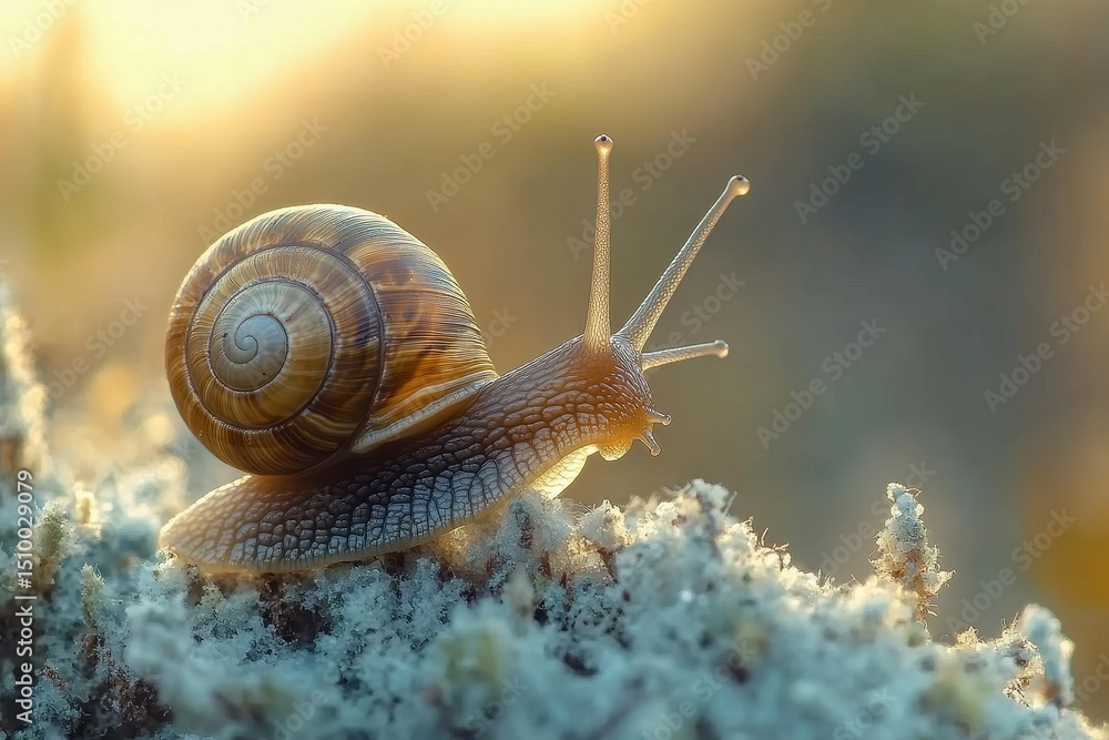 Poster closeup of a snail slowly moving along textured surface during golden hour with soft light, snail sl
