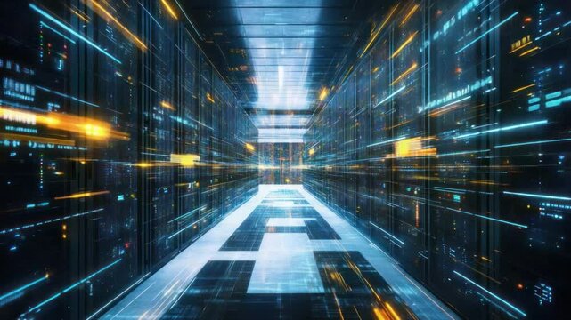AI Digital data tunnel: A mesmerizing tunnel of data and light, created with digital lines and futuristic glows, showcasing a high-tech, AI-driven digital environment. 