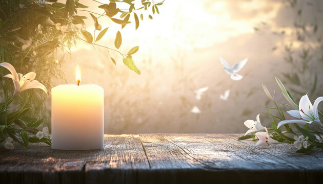 Peaceful candle memorial scene with white lilies and soft sunset light for funeral template use