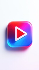 A vibrant, rounded-square button features a red play symbol on a gradient blue-to-red background, suggesting a media application