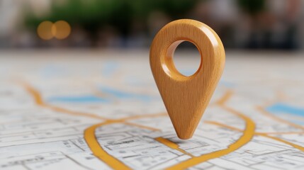 Wooden Map Pointer: A wooden map pointer rests on the blurry map suggesting travel, Wooden Location Marker on a Map