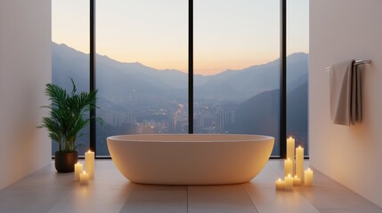 Serene Spa Retreat: A luxurious, minimalist bathroom with a modern bathtub, embraced by ambient candlelight, offers breathtaking views of majestic mountains.