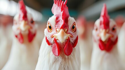 Poultry Close-up: A captivating close-up reveals a curious hen, its piercing gaze and vibrant red comb captivating the viewer, offering a glimpse into the world of poultry farming.