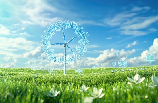 A wind turbine in a green field under a blue sky, encircled by a digital energy flow representation