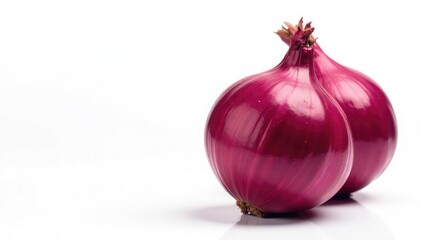 Two red onions, close-up view, contrasted against pure white, food photography, ingredients
