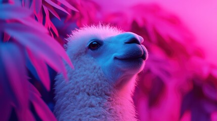 Radiant Llama Portrait: An adorable llama peers out from a vibrant tableau of leaves and foliage, the scene awash in captivating pink and blue hues, creating a delightful atmosphere.