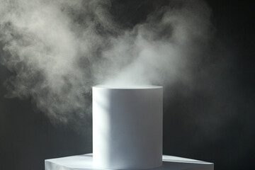 Fog swirling behind product on white cylinder stand