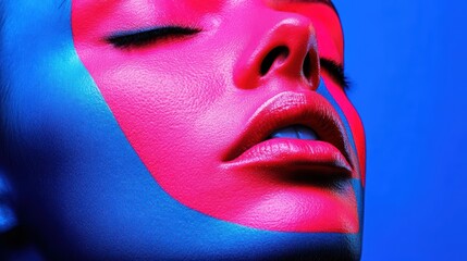 Painted Portrait of Beauty: A close-up studio shot of a woman's face, enhanced with vibrant, painterly colors, creates a dramatic artistic representation of feminine beauty.