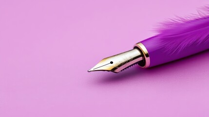 Feather Pen on Pink: A close-up shot showcases a luxurious purple pen with a delicate feather detail resting on a solid pink backdrop, ideal for adding elegance to your design projects.