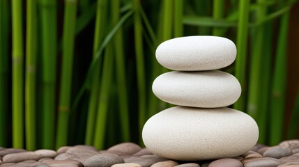 Zen Garden Balance: A serene composition showcases a stack of smooth, white stones harmoniously arranged against a backdrop of lush bamboo stalks, evoking feelings of peace and tranquility.