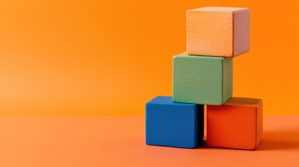 Stacking Blocks: A simple composition of colorful wooden blocks playfully arranged on a vibrant orange backdrop, highlighting the building blocks of creativity.