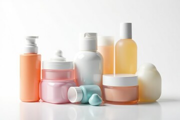 Various cosmetic containers isolated on white, studio, reflection, blush