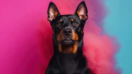Dog's Portrait: An exquisite close-up portrait, capturing the refined beauty of a well-groomed Doberman dog, is set against a vibrant backdrop.