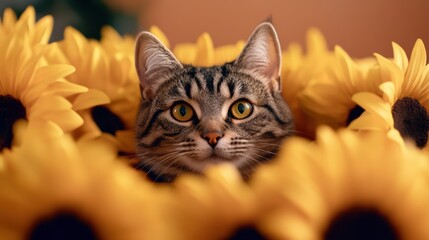 Sunflower Haven: A domestic feline rests serenely amidst a vibrant gathering of golden sunflowers, creating a captivating scene of serenity and natural beauty.