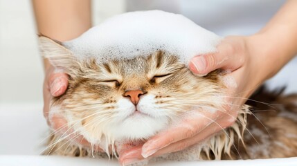 Pampered Feline: Cat enjoying a bath with soapy foam and closed eyes, enveloped in gentle foam and expert care, evoking a sense of pampering and comfort.