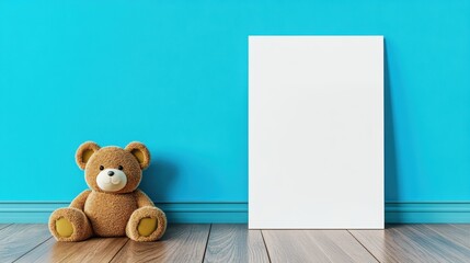 Teddy Bear with blank Frame on blue background: A cozy scene featuring a teddy bear next to blank white frame against a bright blue wall, perfect for showcasing artwork or memories.