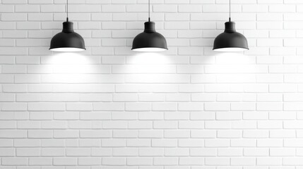 Illuminated Trio: A minimalist composition showcasing three elegant, industrial-style pendant lights casting a soft, inviting glow against a textured brick wall.