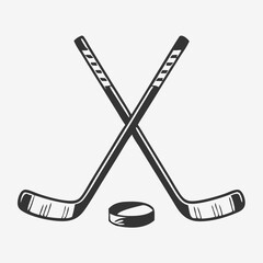 Crossed Hockey Sticks and Puck Icon Set &ndash; Black and Colorful Flat Design Illustrations for Ice Hockey, Winter Sports, and Team Logos. Hockey Stick Logo Vector Template Design. 