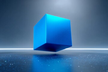 Floating and Rotating Blue Cube in a Digital Space With Glowing Effects Generative AI