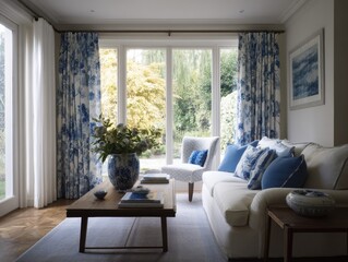 A living room featuring patterned curtains and a light colored sofa.