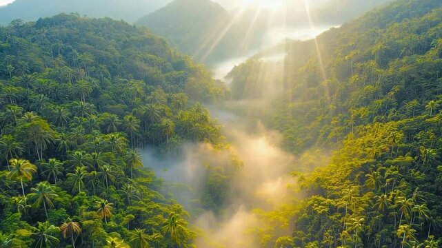 beautiful tropical mountain valley with soft mist and waterfall surrounded by green trees and early morning sunlight