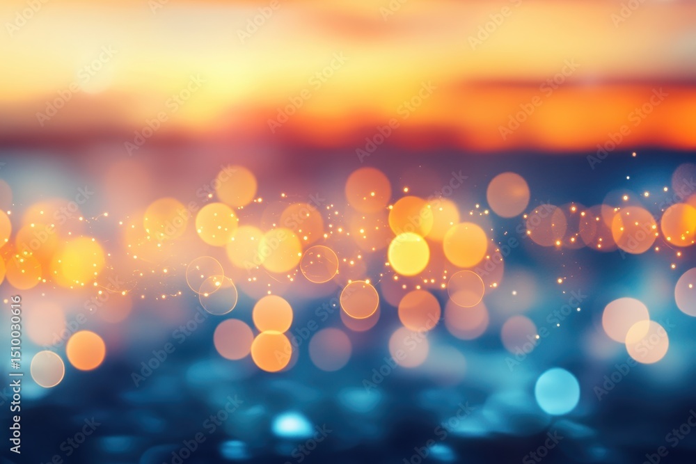 Poster sunset reflections on the shimmering sea create mesmerizing bokeh lights during twilight, abstract m