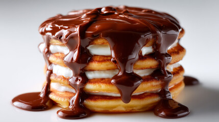 Delicious stack of pancakes drizzled with rich chocolate sauce and filled with creamy filling for a delightful breakfast treat