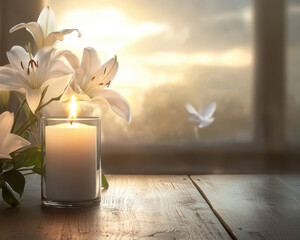 Peaceful candle memorial scene with white lilies and soft sunset light for funeral template use