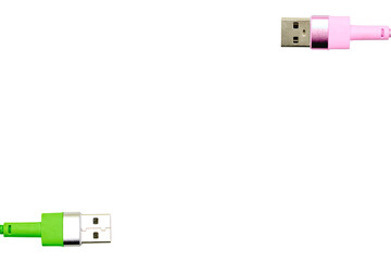 Green pink usb plug cables for connection on white