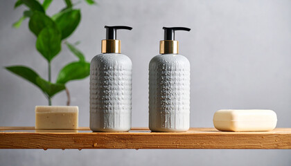 Neatly organized front view close-up of bathroom supplies. Grey textured background.