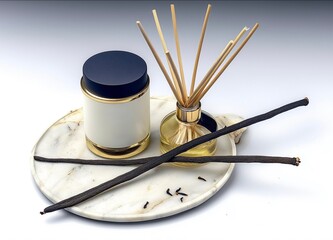 premium reed diffuser with amber sandalwood oil and matte black cap, set on a polished stone tray, sandalwood sticks styled beside, warm lighting and ultra-sharp detail