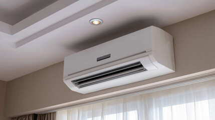 A white air conditioner is mounted on the wall