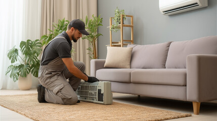 A man in a grey uniform is kneeling on the floor in front of a couch