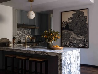 Modern kitchen island with intricate marble countertop and statement art.