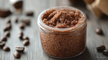 Glass jar of mocha-scented exfoliating scrub with coffee and cocoa motifs