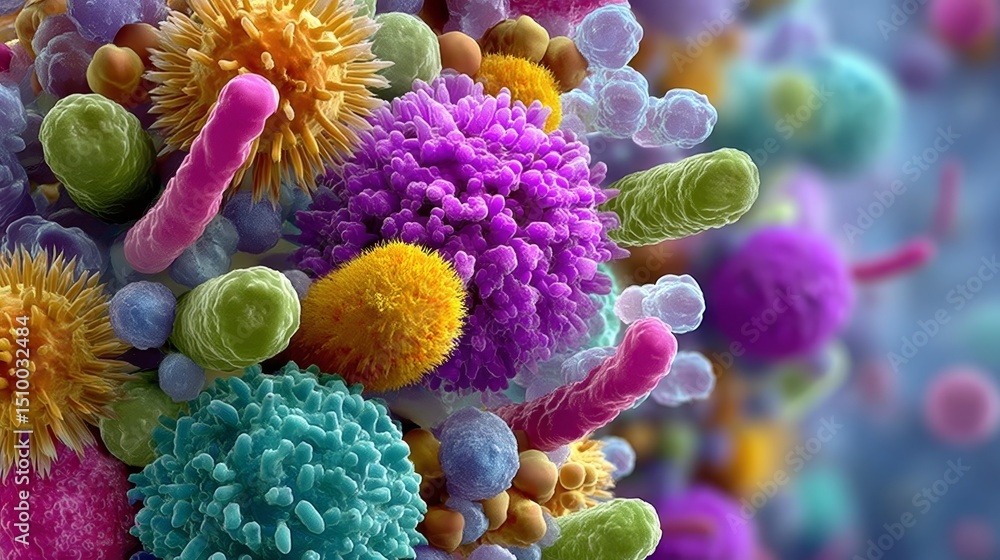 Poster microscopic world explored a colorful and dynamic composition of bacteria and viruses