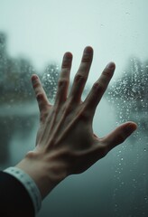 Hand Pressed Against Frosted Glass Window with Raindrops Conveying Loneliness and Isolation