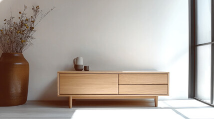 Minimalist wooden sideboard, modern living room, sunlight, large ceramic vase, dried flowers, calm and serene atmosphere
