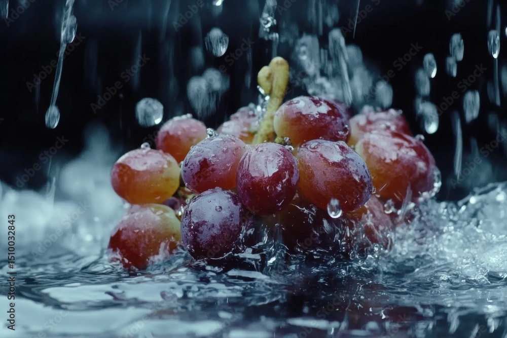 Poster grape berries cascading and rolling on a wet surface with splashes in a vibrant setting, grape berri