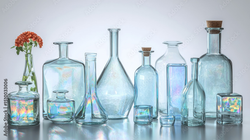 Poster iridescent glass bottles, vases, and jars arranged on reflective surface with single orange flower c