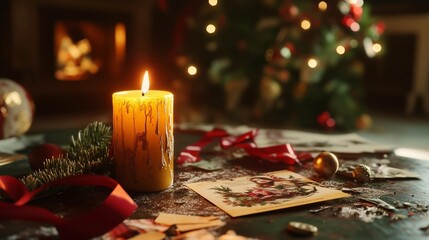 Torn holiday card beside candle