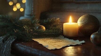 Candlelit Christmas decoration with pine branches and vintage notes  