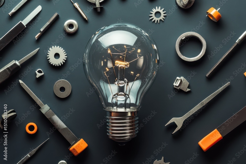 Aufkleber creative innovation lab showcasing a lightbulb surrounded by various tools representing ideas and in