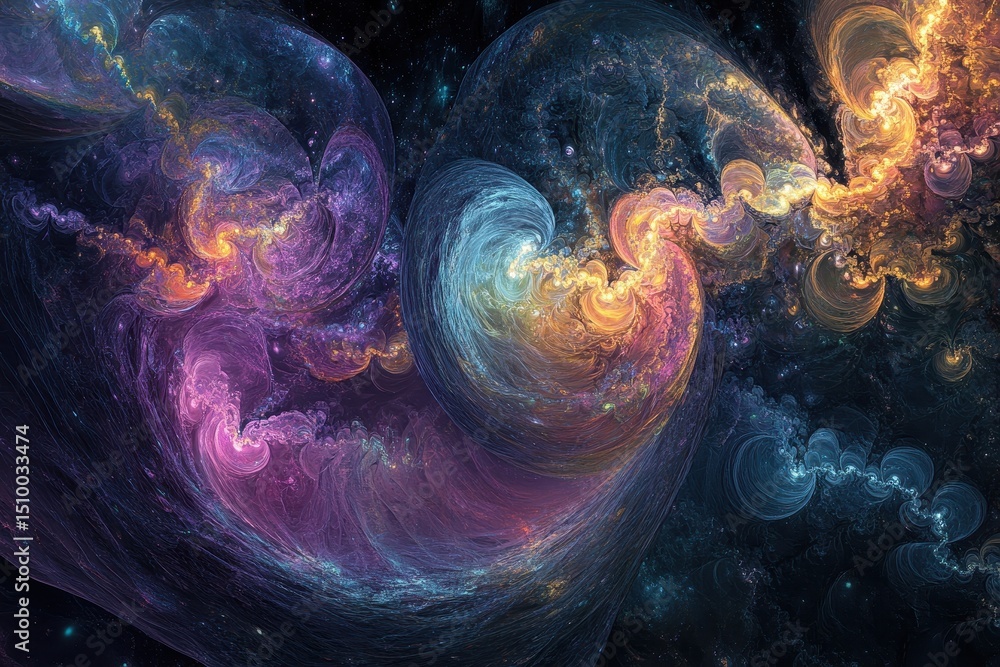 Poster exploring vibrant fractal realms showcasing cosmic swirls and colorful patterns, visualization of fr