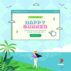 Cute retro summer sale pop up window with beach scene illustration