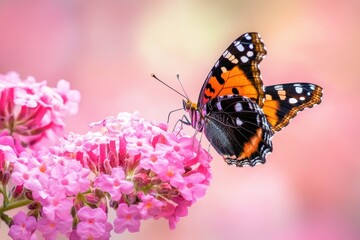 Red admiral butterfly Vanessa atalanta feeding on nectar from pink flowers in a sunny garden, Red admiral butterfly (Vanessa atalanta) drinking nectar on pink Buddleia flowers in summer