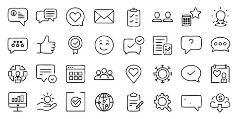 A set of clean line-style icon set of 30 benefit and reward elements on white background style reward and loyalty symbols on a white background