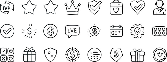 A set of clean line-style icon set of 30 benefit and reward elements on white background icons include reward box, cashback coin, loyalty star, milestone badge, elite user pass