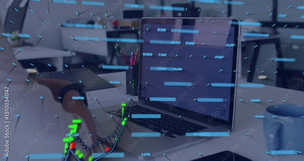 Aufkleber technology user reaching toward laptop activating framework forming on keyboard showing data curves